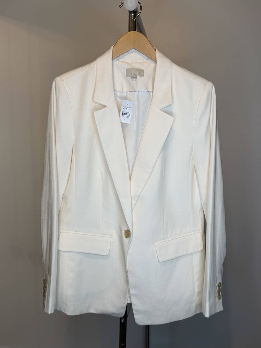 NEW LOFT Linen Blend Peak Notched Lapel Single-Button Blazer Ecru/Ivory Size 8 - Picture 2 of 11